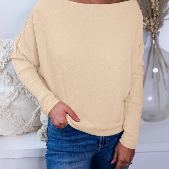 Women's Khaki Long Batwing Sleeve Off-the-Shoulder Loose Tunic Blouses - Picture 5 of 5